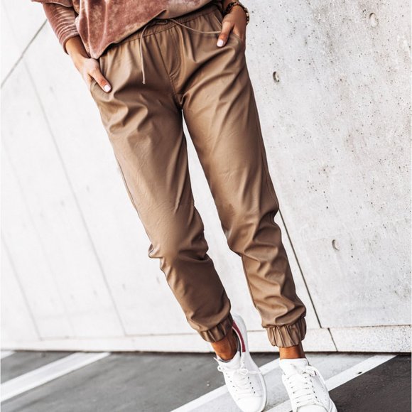 Pocketed Drawstring Faux Leather Joggers - Picture 2 of 4